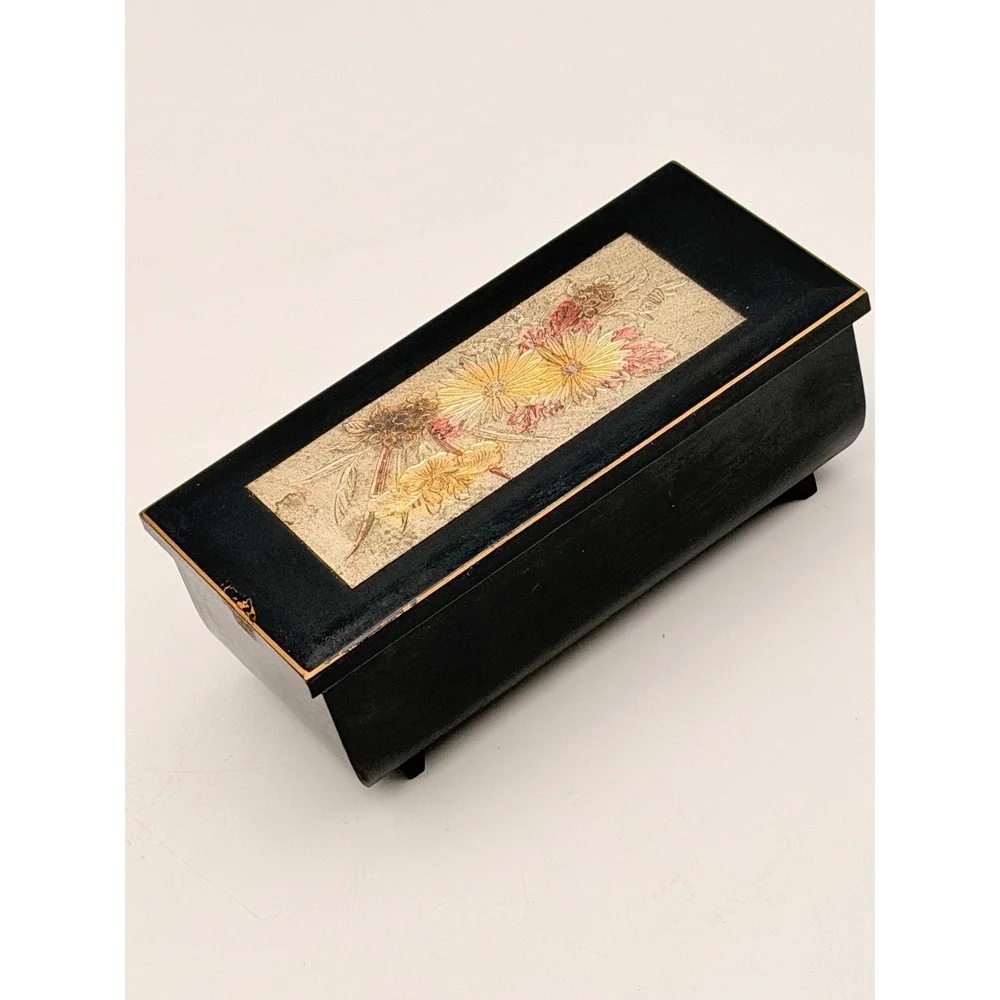 Westland Co Vintage Japanese Lacquer Music Jewelry Box Edel Weiss Black Gold
